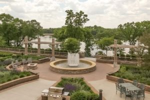 Lakeside terrace and water fountain